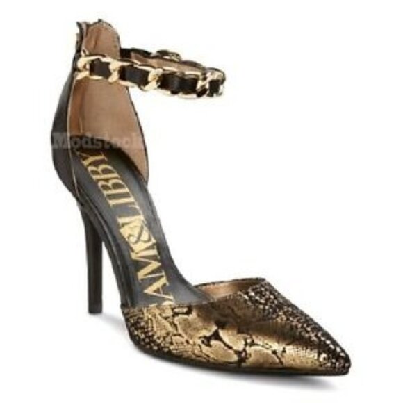 Sam & Libby Black/Gold Snake Print Ankle Chain Stiletto Heels Pumps Women's Sz 8 - Picture 1 of 12